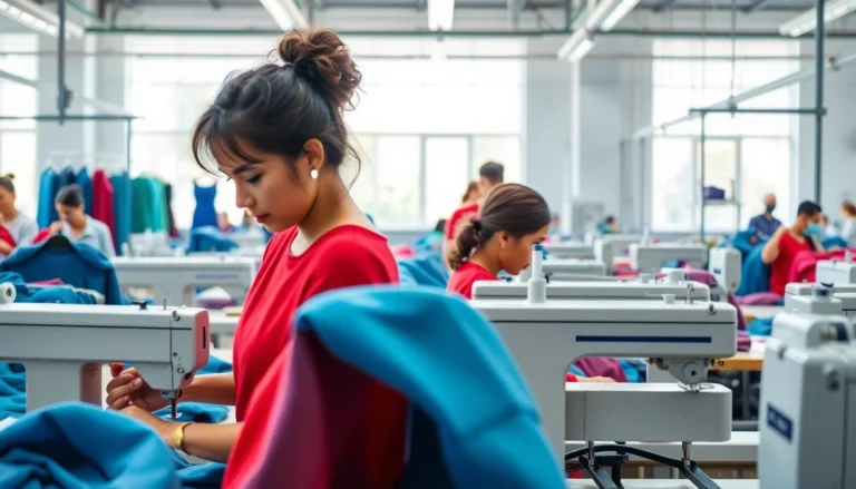 Garment suppliers in China showcased in a vibrant textile factory with skilled workers and colorful fabrics.