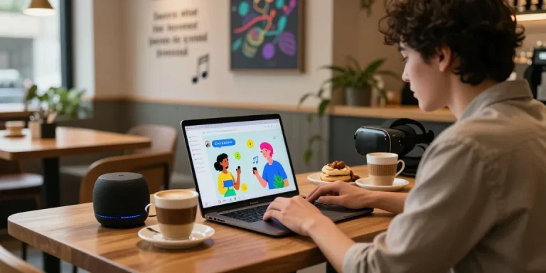 Engaging user experience with CrushonAI at a cozy digital cafe featuring AI characters in lively conversation.